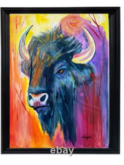 OOAK Acrylic 12x16 Abstract Painting Buffalo Bison Bull Signed Canvas