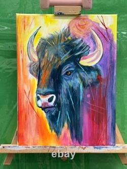 OOAK Acrylic 12x16 Abstract Painting Buffalo Bison Bull Signed Canvas