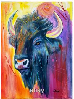 OOAK Acrylic 12x16 Abstract Painting Buffalo Bison Bull Signed Canvas