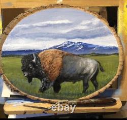 ORIGINAL OIL PAINTING American bison On The Move, 9x11 OIL ON Round Board