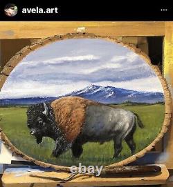 ORIGINAL OIL PAINTING American bison On The Move, 9x11 OIL ON Round Board