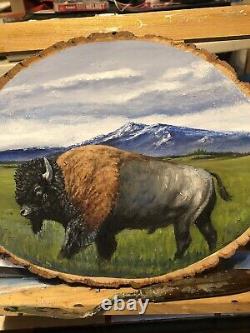 ORIGINAL OIL PAINTING American bison On The Move, 9x11 OIL ON Round Board