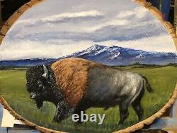 ORIGINAL OIL PAINTING American bison On The Move, 9x11 OIL ON Round Board