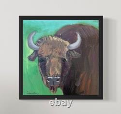ORIGINAL PAINTING BULL BISON 8x8 SIGNED CANVAS