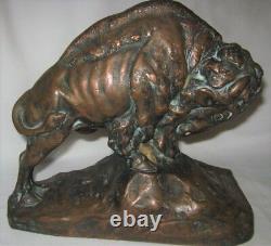 One Antique 1914 Armor Bronze Krupka Buffalo Bison Art Statue Sculpture Bookend