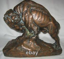 One Antique 1914 Armor Bronze Krupka Buffalo Bison Art Statue Sculpture Bookend