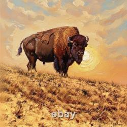 Original 36x36Oil Painting Majestic American Bison Buffalo On The Hill At Sunset
