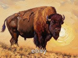 Original 36x36Oil Painting Majestic American Bison Buffalo On The Hill At Sunset