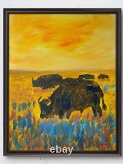 Original Acrylic 14x11 Impressionist Bison Prairie Sunset Painting Signed Canvas