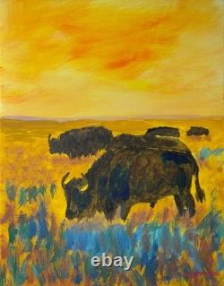 Original Acrylic 14x11 Impressionist Bison Prairie Sunset Painting Signed Canvas