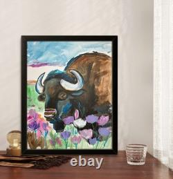 Original Bison 11x14 Buffalo Painting Acrylic Wall Art Home Decor Western