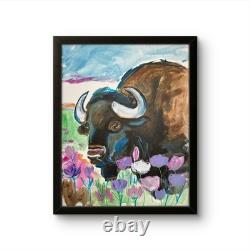 Original Bison 11x14 Buffalo Painting Acrylic Wall Art Home Decor Western
