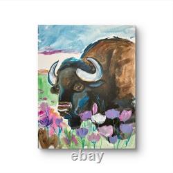 Original Bison 11x14 Buffalo Painting Acrylic Wall Art Home Decor Western
