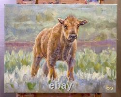Original Bison Calf Painting 8x10 Western Wildlife Art Buffalo Acrylic