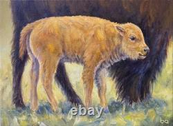 Original Bison & Calf Painting 9x12 Western Wildlife Art Buffalo Acrylic
