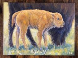Original Bison & Calf Painting 9x12 Western Wildlife Art Buffalo Acrylic