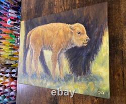 Original Bison & Calf Painting 9x12 Western Wildlife Art Buffalo Acrylic