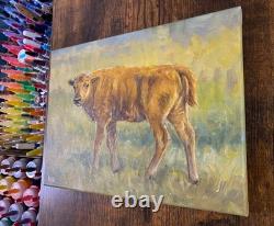 Original Bison Calf Painting 9x12 Western Wildlife Art Buffalo Acrylic