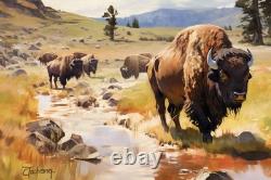 Original Hand Painted Western Art -American Bison Herd By A Stream 24x16 Signed