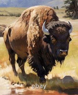 Original Hand Painted Western Art -American Bison Herd By A Stream 24x16 Signed