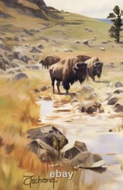 Original Hand Painted Western Art -American Bison Herd By A Stream 24x16 Signed