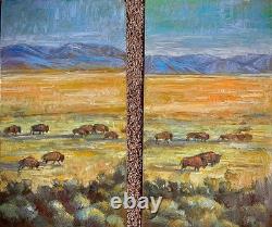 Original OIL painting BUFFALO Bull UTAH Herd mountain bison sage Landscape 2 pc