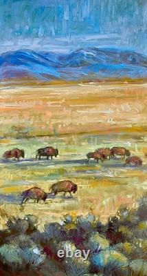 Original OIL painting BUFFALO Bull UTAH Herd mountain bison sage Landscape 2 pc