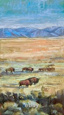Original OIL painting BUFFALO Bull UTAH Herd mountain bison sage Landscape 2 pc