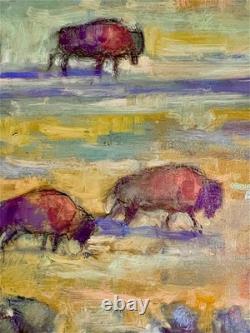 Original OIL painting BUFFALO Bull UTAH Herd mountain bison sage Landscape 2 pc