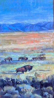 Original OIL painting BUFFALO Bull UTAH Herd mountain bison sage Landscape 2 pc