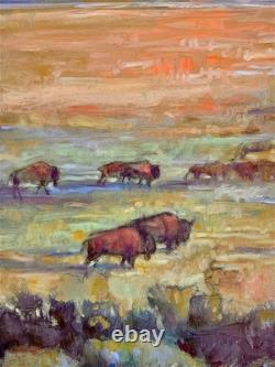 Original OIL painting BUFFALO Bull UTAH Herd mountain bison sage Landscape 2 pc