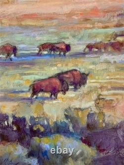 Original OIL painting BUFFALO Bull UTAH Herd mountain bison sage Landscape 2 pc