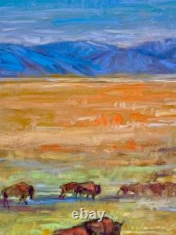 Original OIL painting BUFFALO Bull UTAH Herd mountain bison sage Landscape 2 pc