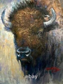 Original OIL painting BUFFALO Bull chickadee WESTERN Art bison YELLOWESTON 16x20