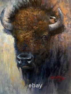 Original OIL painting BUFFALO Bull chickadee WESTERN Art bison YELLOWESTON 16x20