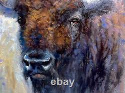 Original OIL painting BUFFALO Bull chickadee WESTERN Art bison YELLOWESTON 16x20