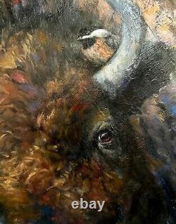 Original OIL painting BUFFALO Bull chickadee WESTERN Art bison YELLOWESTON 16x20