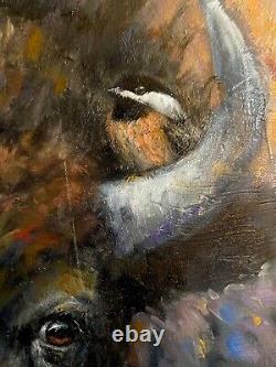 Original OIL painting BUFFALO Bull chickadee WESTERN Art bison YELLOWESTON 16x20