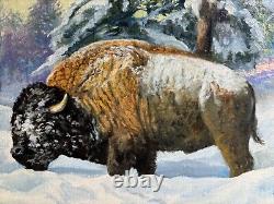 Original Oil Painting Buffalo BISON IN DEEP SNOW by Award-Winning Ed Skallberg