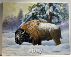 Original Oil Painting Buffalo BISON IN DEEP SNOW by Award-Winning Ed Skallberg