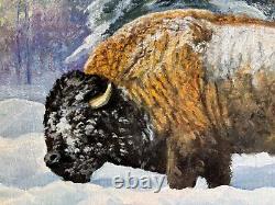 Original Oil Painting Buffalo BISON IN DEEP SNOW by Award-Winning Ed Skallberg