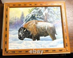 Original Oil Painting Buffalo BISON IN DEEP SNOW by Award-Winning Ed Skallberg