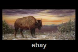 Original Oil Painting Buffalo Bison Yellowstone Sunset Western Wildlife Art