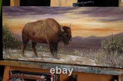 Original Oil Painting Buffalo Bison Yellowstone Sunset Western Wildlife Art Original Oil Painting Buffalo Bison Yellowstone Sunset Western Wildlife Art
