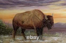 Original Oil Painting Buffalo Bison Yellowstone Sunset Western Wildlife Art