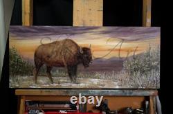 Original Oil Painting Buffalo Bison Yellowstone Sunset Western Wildlife Art