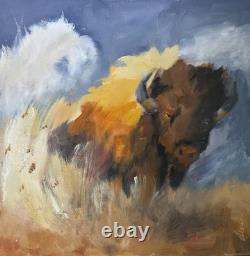 Original Oil painting BUFFALO BISON Bull Western WILDLIFE Yellowstone Nature