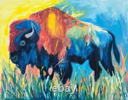 Original Vivid 11x14 Bison Buffalo Expressionist Acrylic Canvas Signed Painting