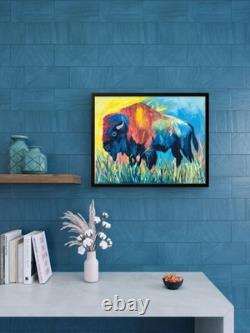 Original Vivid 11x14 Bison Buffalo Expressionist Acrylic Canvas Signed Painting
