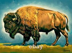 Original Western Art American Bison, Buffalo, Hand Painted 24x18 Inch Signed